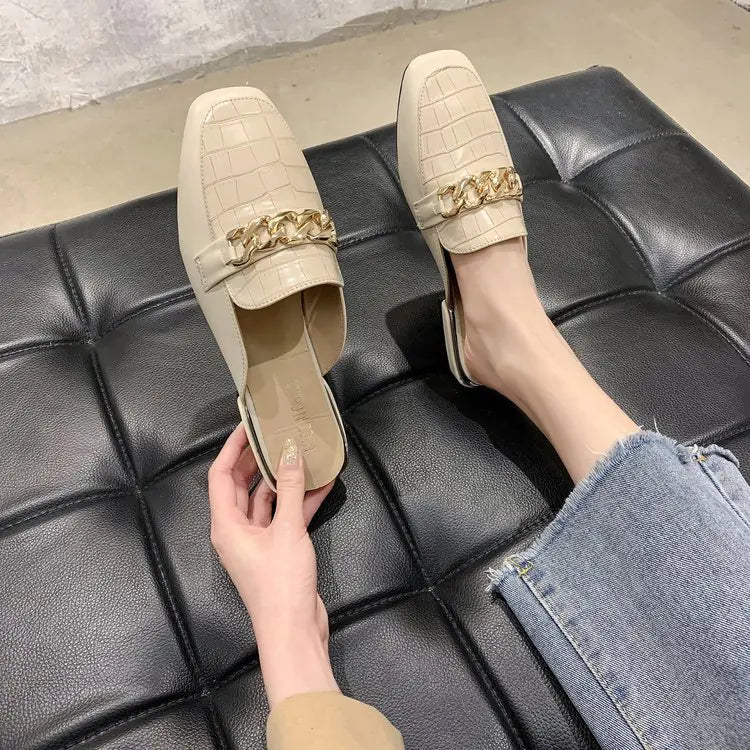 Metal Chain Square Toe Half Slippers
