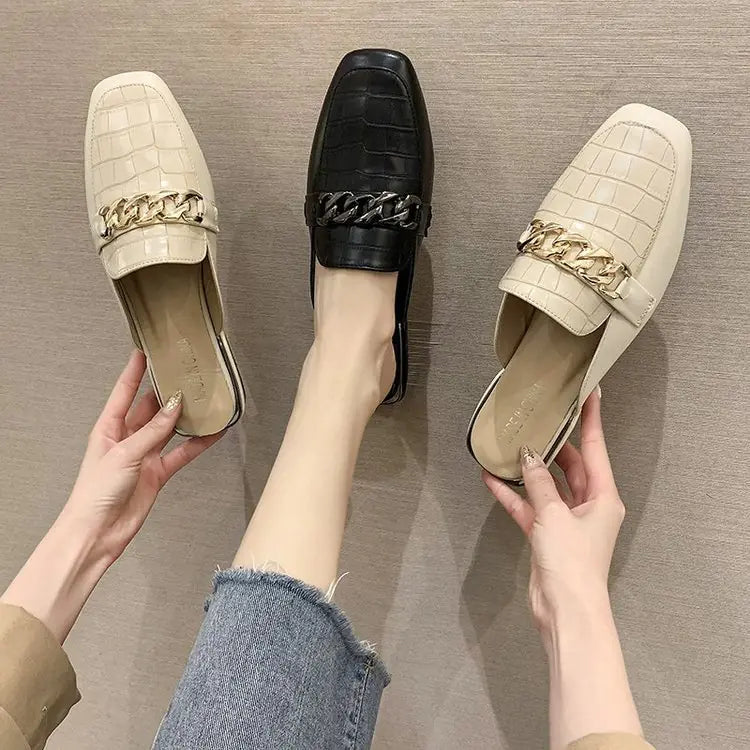 Metal Chain Square Toe Half Slippers