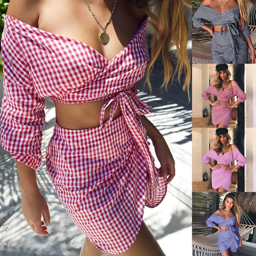 Women's Chiffon Two-Piece Set with V-Neck Top and Skirt