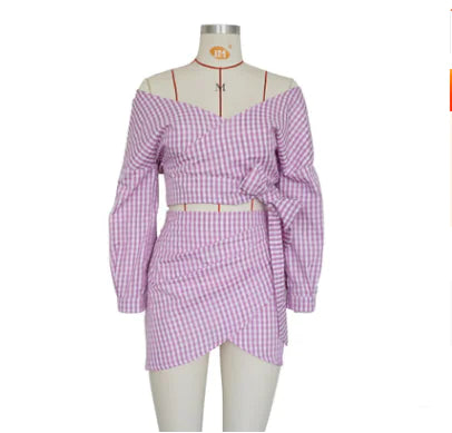 Women's Chiffon Two-Piece Set with V-Neck Top and Skirt