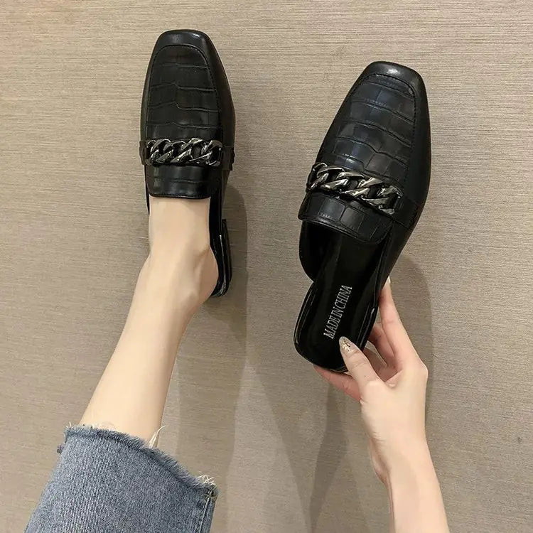 Metal Chain Square Toe Half Slippers