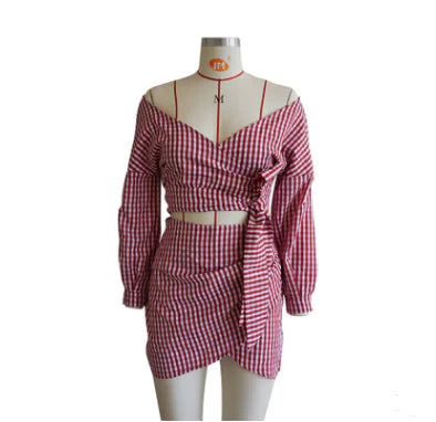 Women's Chiffon Two-Piece Set with V-Neck Top and Skirt