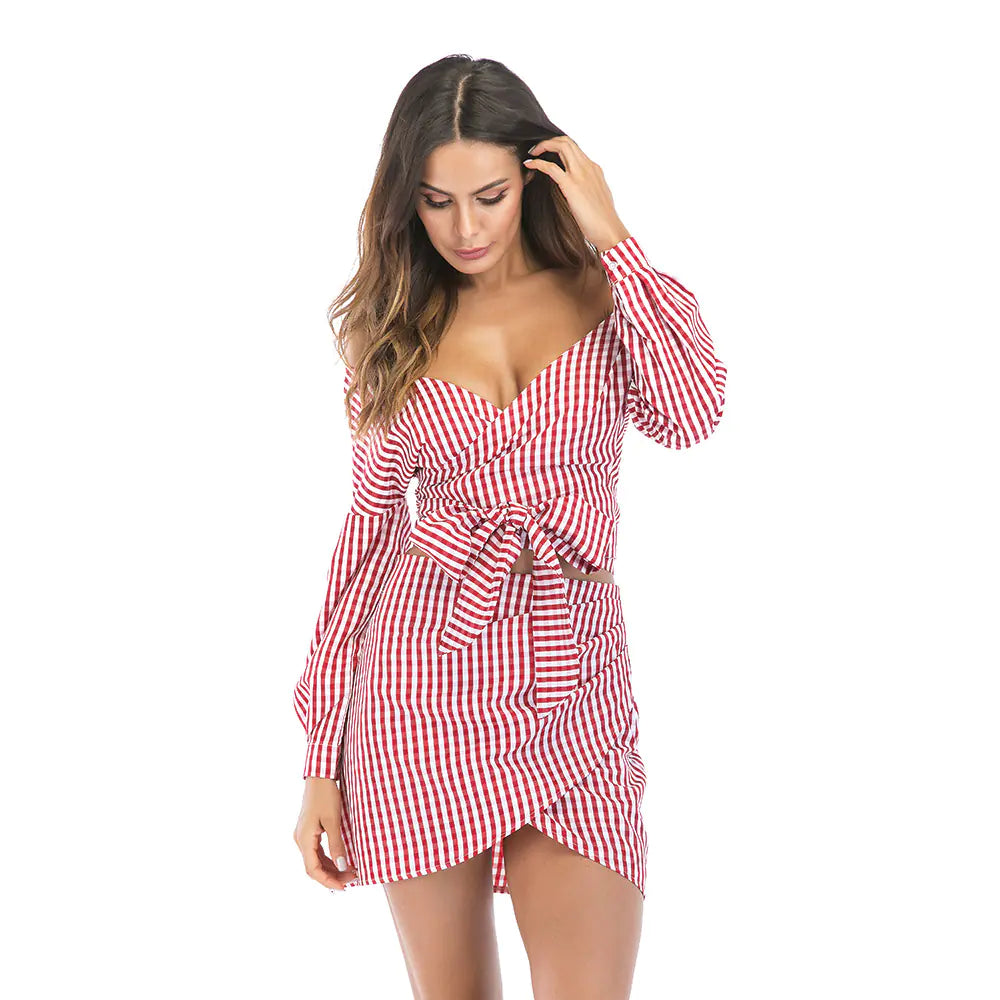 Women's Chiffon Two-Piece Set with V-Neck Top and Skirt
