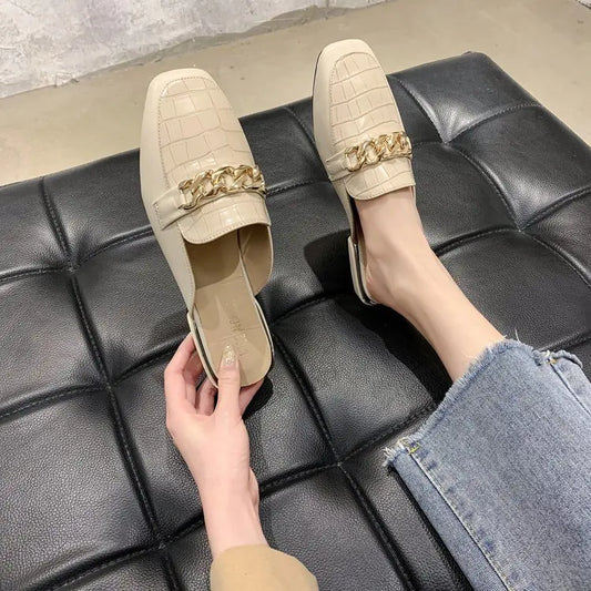 Metal Chain Square Toe Half Slippers