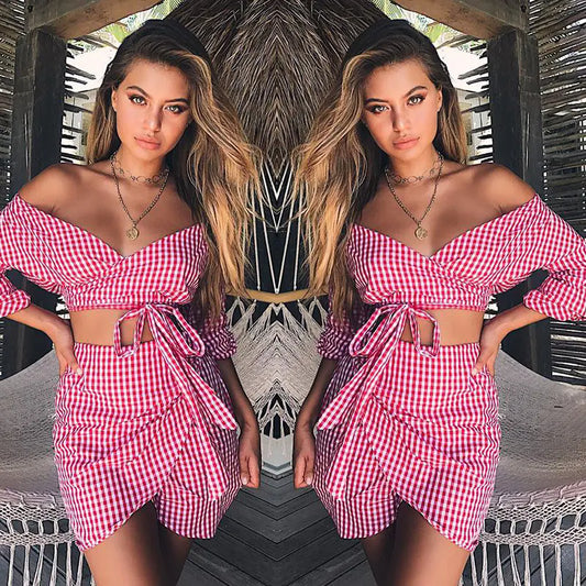 Women's Chiffon Two-Piece Set with V-Neck Top and Skirt
