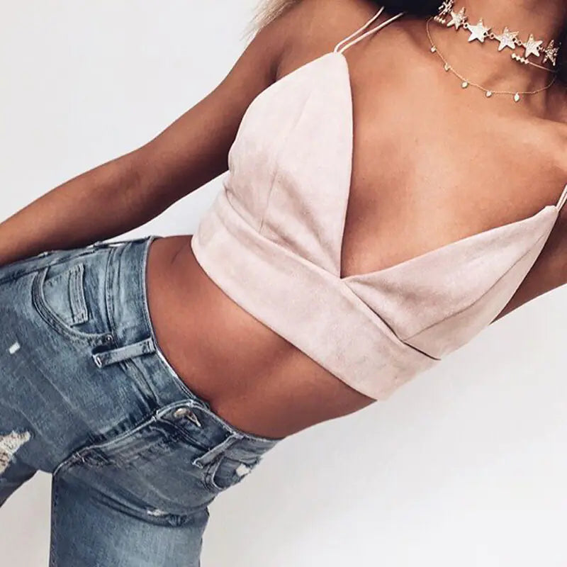 Deep V Neck Velvet Crop Top