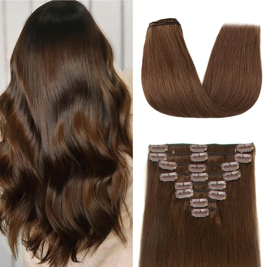 Medium Brown Clip-In Hair Extensions – 100% Real Human Hair