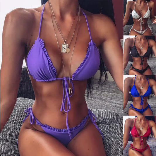 Ruffled Print Triangle Bikini - Reversible Swimwear
