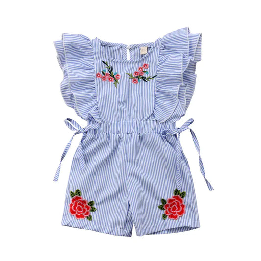 Toddler Girls Flower Stripe Ruffle Jumpsuit
