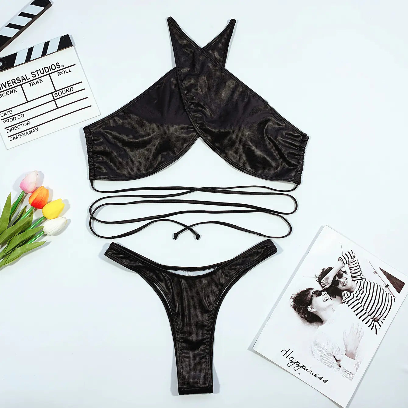 Leather Bikini Swimsuit with Straps